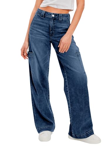 PLNOTME Women's Cargo Jeans Baggy High Waisted Wide Leg Casual Denim Pants with Pockets