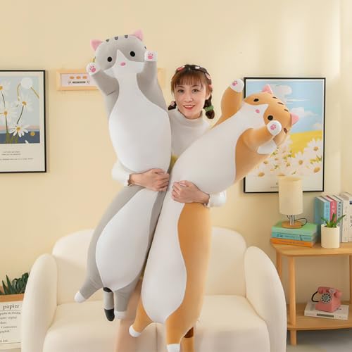 AMOZO Katzen Kuscheltiere süße Lange Katzen Plüschtiere, Niedliche Weiche Katze Stofftiere Plüsch Kissen Spielzeug für Mädchen und Kinder (Grau, 50cm)