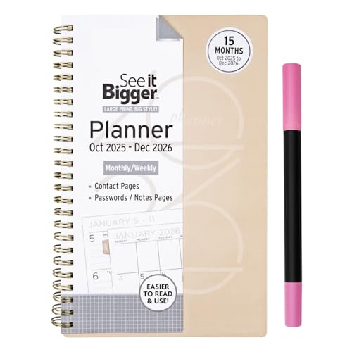 PlanAhead See IT Bigger October 2025 - December 2026 Size 8.75 x 5.5 x 0.5 Monthly-Weekly Medium Planner and Twin Customizable Pen (Coppa)