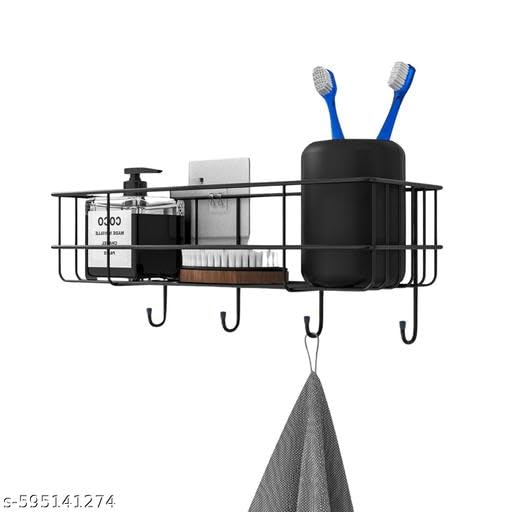 (Pack of 2) Steel Self-Adhesive Multipurpose Bathroom Shelf with Hooks/Towel Holder/Rack/Bathroom Accessories - Wall Mount - Pack of 2 (Black,Powder Coated)|BHR-P2427 3