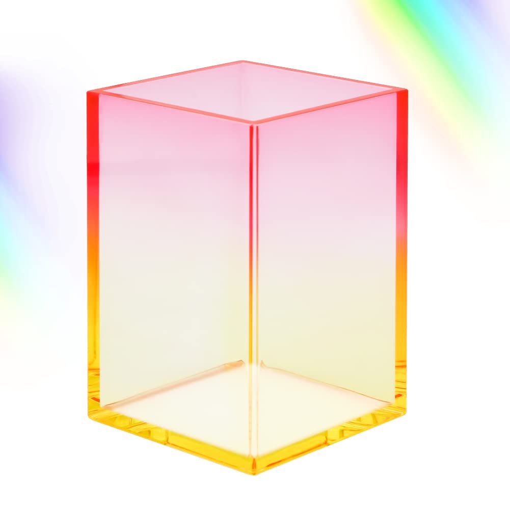 Gradient Acrylic Pen Container Holder,Clear Yellow Red Makeup Brush Holder Pen Pencil Cup Pot Acrylic Desktop Organizer Home Office Desktop Decoration for Kid Student Girl Woman Gift