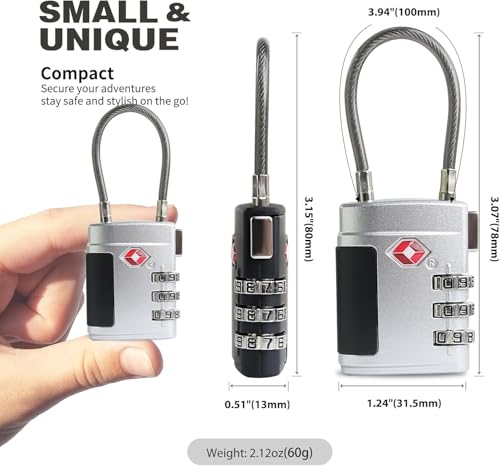 Image of ARVOX Set of 2 Metal Cable TSA Locks for Luggage, Number Lock for Bag 4 Digit Small Locks for Luggage TSA Lock Combination Password Locks for Travel (2, Metal TSA Cable)