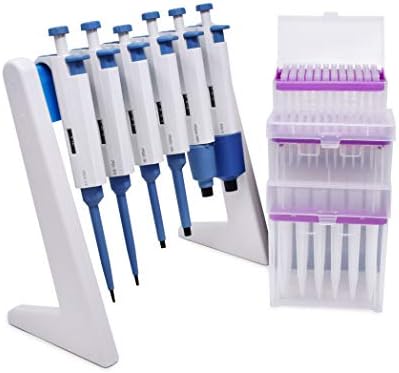 Complete 6 Micropipettes Kit 0.1μl to 10ml : 6 Pipettors (0.1-2.5μl, 0.5-10μl, 10-100μl, 100-1000μl, 1000-5000μl, 2-10ml); Pipette Stand; 5 Racks of Sterile Pipette Tips