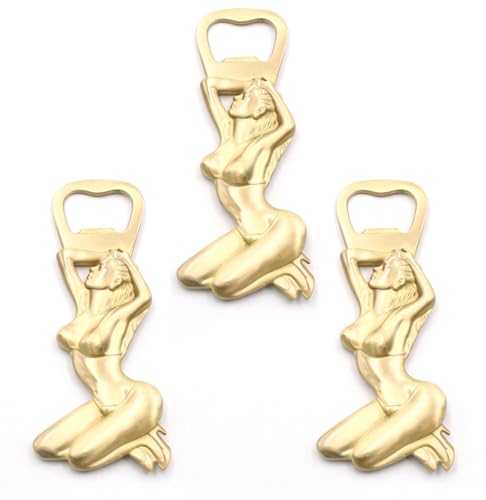 Hogarup 3PCS hot nude show girl bottle openers, naked bikini woman body beer bottle opener, premium bartender bottle opener bulk for fancy bar, cool funny gold brass metal soda opener