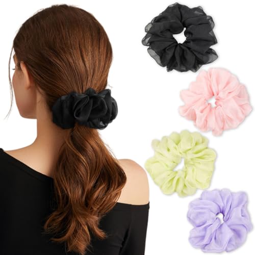 Oversized Scrunchies Jumbo Organza Scrunchies Large Chiffon Hair Tie No Damage for Sleeping Big Hair Ties for Women(4PCS,Style3)