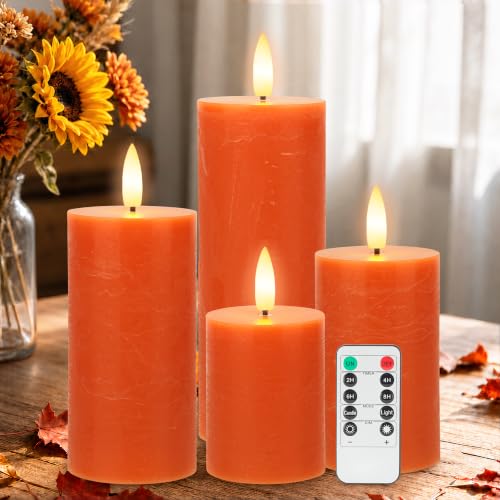 Image of Orange Flickering Flameless Candles, Real Wax Battery Operated Candles with Remote, Flat Top Led Flameless Pillar Candles for Home, Wedding, Party Decor, Set of 4