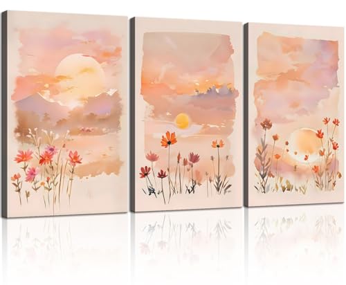 Eysintum 3 Panel Sunset Wall Art Wildflower Canvas Print Pink