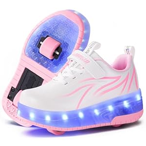 flintronic Rolschaatsen met ledstrips voor meisjes, sportschoenen met dubbele wielen, inline 7 kleuren, USB-oplaadbaar, roze, roze, 1 UK Child