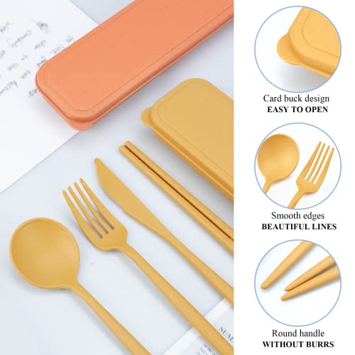 DISSKNIC Reusable Utensils Set with Case, 6 Sets Travel Utensils with Case, Wheat Straw Portable Cutlery Set Chopsticks Knives Fork and Spoon for Lunch Box Accessories