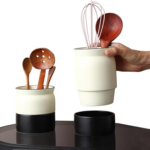 YIENENG Ceramic Utensil Holder for Countertop with Drain Holes, Cooking Utensil Crocks for Kitchen Counter Cover