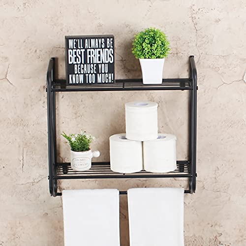 Comleaf Bathroom Shelf With Towel Bar,Rustic Bathroom Shelves Wall Mounted,2 Layer Storage Shelves For Kitchen,Metal Floating Shelves,Industrial Bathroom Shelves,Black #TOP1