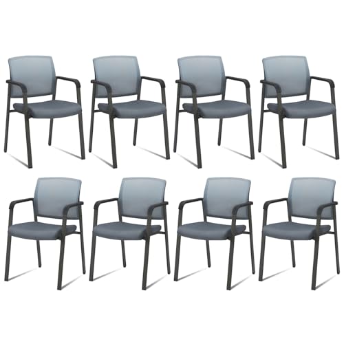 Image of CLATINA No Wheels Conference Room Chairs Set of 8, Stackable Office Guest Reception Chair with Armrests, Mesh Back Waiting Room Stool for Office, School, Lobby, Church, Grey