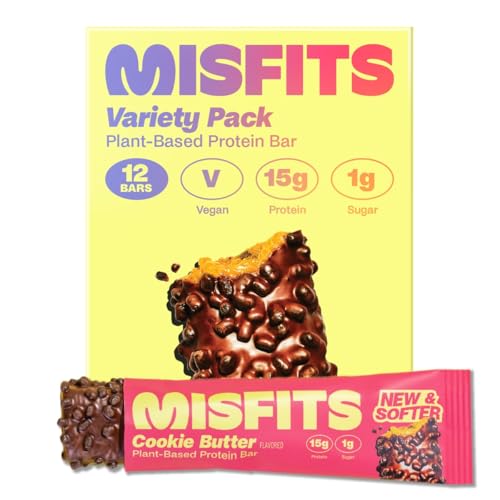 Misfits Vegan Protein Bars 6 Flavour Variety Pack | Sports Nutrition Bars - 14-15 grams Protein | 1 gram Sugar | Plant-Based, Low Carb, High Fibre | No Palm Oil | Non-GMO | Pack of 12 (2 x 6 Flavours)