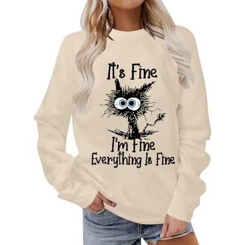 It's Fine I'm Fine Everything Is Fine Sweatshirt Womens Funny Black Cat Graphic Gift Casual Pullover Tops #02