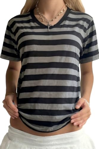 Image of Cute Striped Graphic Tees for Women Y2k Short Sleeve Preppy Teen Crop Tops