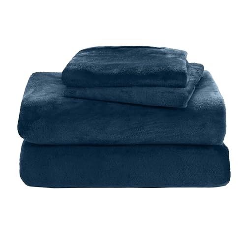 Elegant Comfort Luxuriously Soft 4-Piece Velvet Plush Flannel Sheet Set - Premium Quality - Cozy Warm, Anti-Static, Non Pilling Fuzzy Velvet Flannel Fleece Deep Pocket Sheet Set - Twin XL, Navy