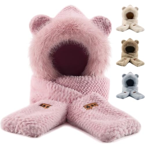 ​​Hooded Scarf Hat Gloves for Women Winter, Bear Ears 3-in-1 Set - Plush Faux Fur, Soft and Warm, Cute Hat with Mittens​​