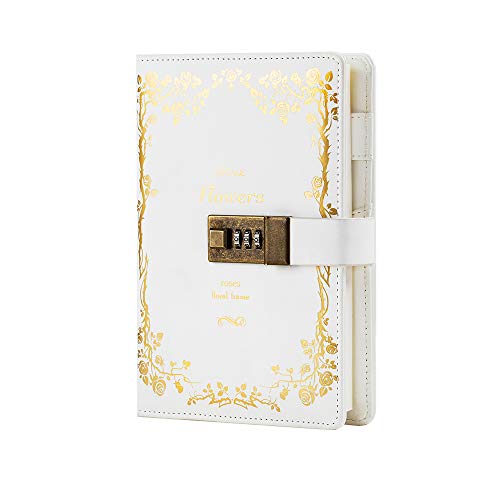 CAGIE Lock Diary Leather Locking Journal Writing Notebook Vintage Lock Planner Agenda Personal Diary White
