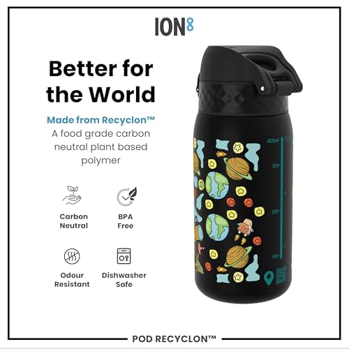 Ion8 Kids Water Bottle, 350 ml/12 oz, Leak Proof, Easy to Open, Secure Lock, Dishwasher Safe, BPA Free, Carry Handle, Hygienic Flip Cover, Easy Clean, Odour Free, Carbon Neutral, Space Man Design - 5