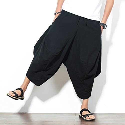 Invachi Mens Casual Elastic Waist Linen Capri Wide Leg Baggy Harem Pants Trousers (Black, Medium) #TOP3