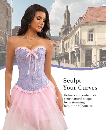 Vrapo Korsett Damen - Bustier Corset Top für Frauen - Vollbrust Corsage Schnürkorsett Taillenformer Dessous - Blau Rosa - Größe XS