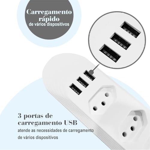 Filtro de Linha Extensão Tomada Cabo 2 Metros Régua Energia Elétrica 4 Tomadas 3 USB 110-220V Potênc