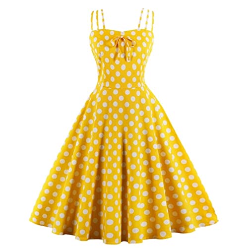 ZHENGYE Vestido amarillo vintage de lunares talla grande para mujer, vestido de algodón de verano, elegante con correa de verano, vestido amarillo, XL Cover