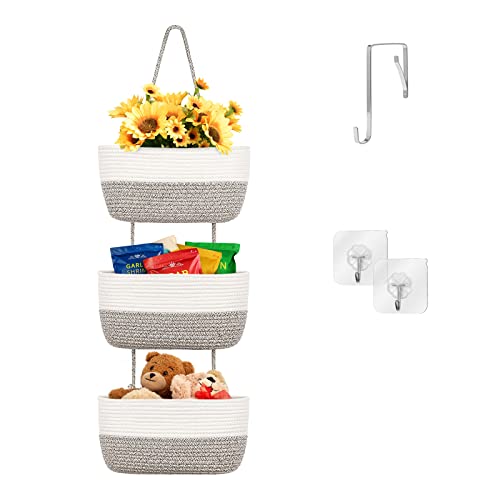 Image of Over Door Hanging Basket, AivaToba 3-Tier Wall Mount Hanging Cotton Rope Storage Organizer, Decorative Storage Basket for Living Room (Brown)