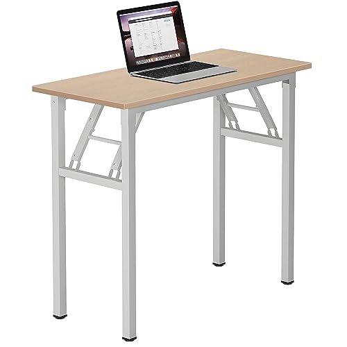 Image of Need Small Computer Desk 31.5x15.7 Inch Folding Home Office Table Pink Oak | White Frame Writing Gaming Work Table /Sturdy Foldable Study Table for Small Space /Dormitory, No Assembly Required