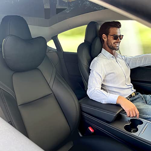 TESBEAUTY Lot de 2 Coussins d'appui-tête de Voiture améliorés en Cuir Nappa véritable pour Tesla Model Y, Model 3, Model X, Model S, Ajustement Universel,...