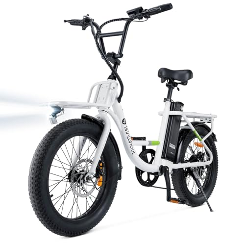 isinwheel U7 E Bike for Adults Electric Bike with Dual Cargo Rack, 48V 1000W Peak Ebikes for Adults, 7 Speed Gear, 20mph Step Thru Cruiser Electric Bicycles, 20" × 3“ Fat Tire Ebike White Cl