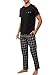 Winovia Schlafanzug Herren Kurzarm mit Langer Karierter Hose, 100% Baumwolle Pyjama Set für Männer, Weiche Nachtwäsche mit Brusttasche, Zweiteiliger Hausanzug & Loungewear Schwarz S