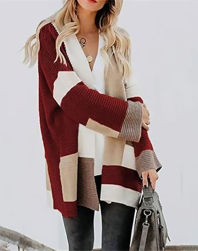 Image of chouyatou Women's Fall Geometric Color Block Open Front Cardigan Sweater Elegant Casual Oversized Coatigan Coat