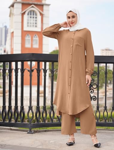Image of IDOPIP Abaya Dress for Women Muslim Set Long Sleeve Chiffon Islamic Dress Shirt with Pants 2PCS Dubai Prayer Casual Clothes