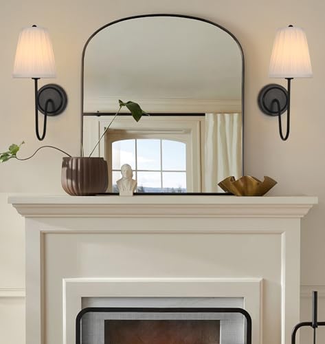 Image of Electro bp; Elegant Single Wall Sconces White Pleated Fabric Lamp Shades with Black Curved Metal Arm Silk Cover Wall Lighting,E12,40W,Hardwired(Set of 2);