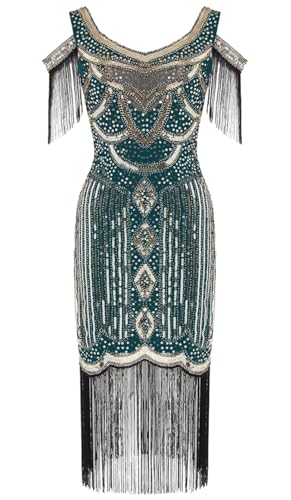 Image of 868A - Plus Size 1920s Vintage Fringed Gatsby Sequin Cold Shoulder Tassels Flapper Party Cocktail Dress with Accessories