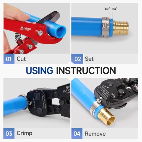 Image of iCrimp PEX Crimping Tool Kit, Cinch & Removal Tool for 3 /8 inch-1 inch Clamps | Kit includes 2-in-1 crimp & remove tool, pex pipe cutter, 20x1 /2 inch & 10x3 /4 inch pex clamps, ideal for plumbers