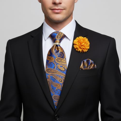 Image of 5PCS Mens Silk Designer Tie, Pocket Square, Cufflinks, Drilled Tie Ring and Lapel Pin Set for Wedding Groom Party