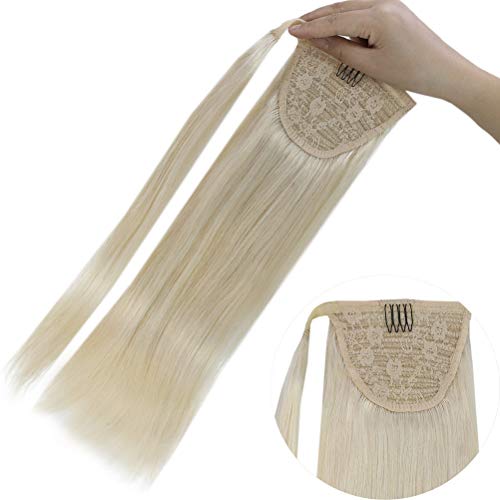 YoungSee 16inch Clip in Ponytail Human Hair Extensions Platinum Blonde Hair Piece Ponytail Wrap Around Hair Extensions Remy Human Hair 80G