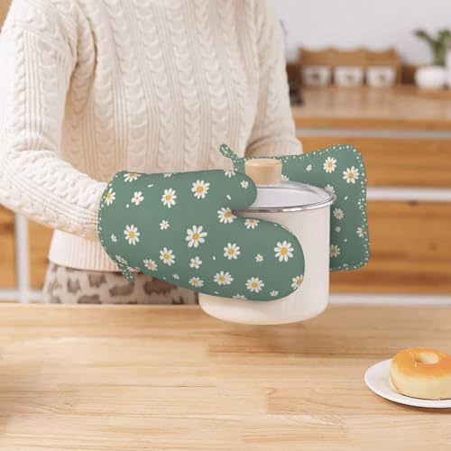 Oven Mitts and Pot Holders Daisy Flower Green Silicone Kitchen Accessories Set of 4 Heat Resistant Long Gloves Potholder Non-Slip Grip for Chef Cooking Baking Grilling BBQ by DADABULIU - Used condition - Image 7