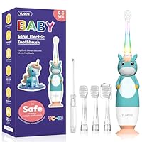 Baby Electric Toothbrushes 0-3-6 Years Toddler Kids Tooth Brush with Timer Colorful Rainbow LED Light 4 Soft Heads Battery-Powered for Girls Boys Childrens YUNCHI K3 (Green Unicorn)