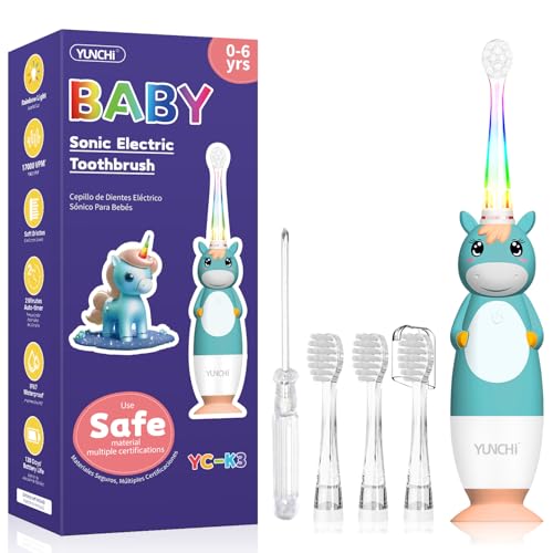 YUNCHI Spazzolino elettrico per bambini da 0 a 6 anni in silicone Sonic con luce LED timer, 4 spazzole morbide YC-K3 (unicorno verde)