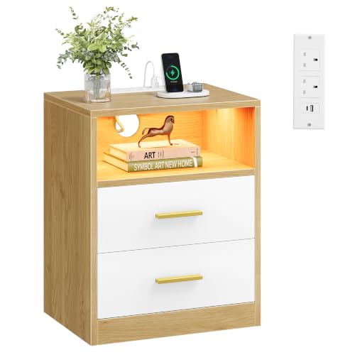 Image of VASAGLE Bedside Table with Charging Station, LED Lights