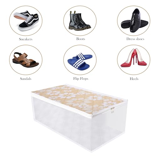 Image of Kuber Industries Shoe Cover | Waterproof Shoe Storage Bag | Travel Shoe Storage Bag | Side Visible Window Shoe Organizer | Shoe Protector Bag | Flower Quilted | Pack of 2 | Golden
