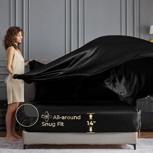 Sasttie Satin Sheets Queen Size - 4 Pieces Luxury Soft Black Silky Bed Sheets Set with Pillowcases - Smooth Silk-Like Satin Fabric, Reinforced 14 Inches Pocket, Oeko-Tex Certified - Image 5