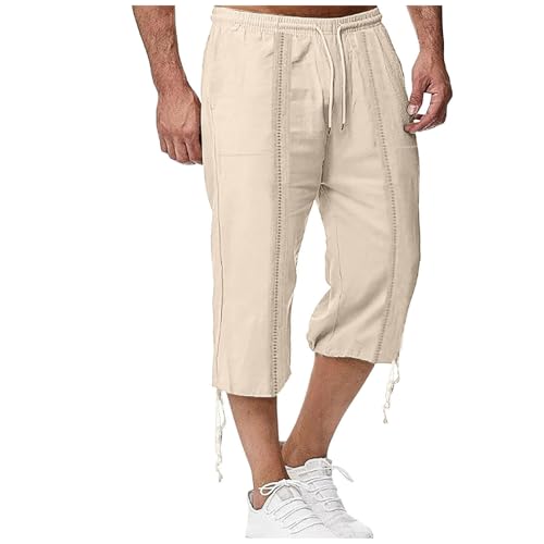 Men's Linen Capri Shorts Casual Baggy Knee Length 3/4 Pants Summer Drawstring Beach Pants Lounge with Pockets