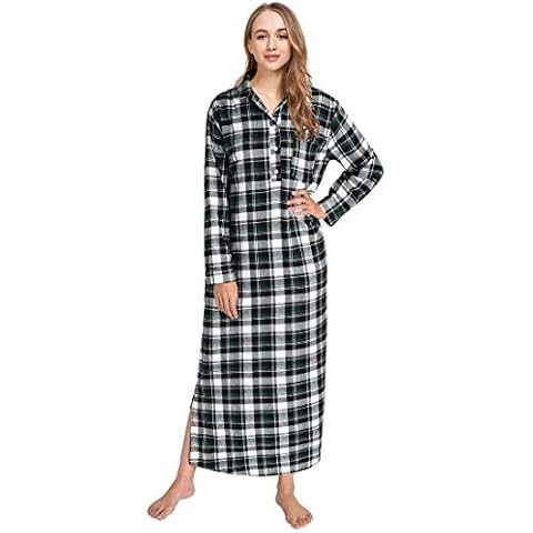 Latuza Women's Plaid Flannel Nightgowns Full Length Sleep Shirts M Black Green Cover