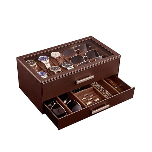 ProCase Mens Jewelry Box Pull-Out Drawer, 6 Slot Watch Case & 5 Slot Sunglasses Organizer, Fathers Day Gift for Dad, 2-Tier Leather Watch Box with Glass Display Top, Gift for Men & Women-Esp