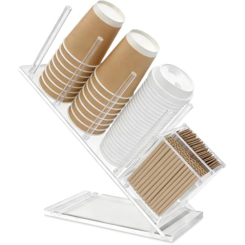 LIOIFIR Acrylic Coffee Cup & Lid Holder with Straw Organizer 5-Compartment Disposable Cup Dispenser Clear Countertop Storage Rack for Coffee Bar Office Kitchen Bar Restaurant Lounge & Parties