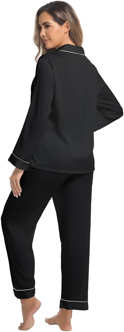 A2 Silk Satin Pajamas Set Women Long Sleeve Sleepwear Soft Button Down Loungewear Pjs Set - Image 2